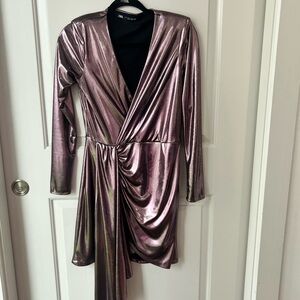 Zara Gold Long Sleeve Bodycon Dress V-Neck Cocktail